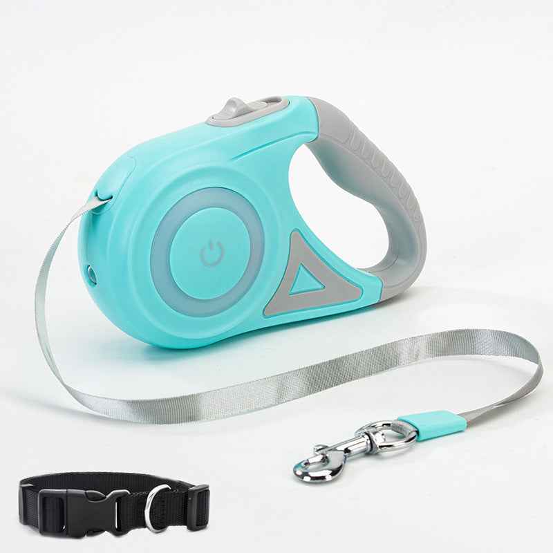 Retractable Dog Leash With Collar in hand, featuring LED spotlight and automatic traction rope for pet safety. - Whiskerwise