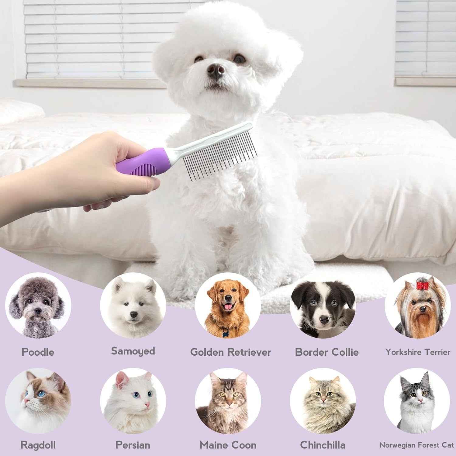 Detangling Pet Comb For Dog  Cat Grooming Comb With Long Short Stainless Steel Teeth Safely Remove Knots Tangles For Healthy Shiny Coat Gentle Effective Detangling Tool For Pet Hair - Whiskerwise