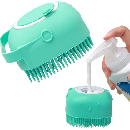 Pet Grooming Massager Brush being filled with pet shampoo for optimal grooming. - Whiskerwise
