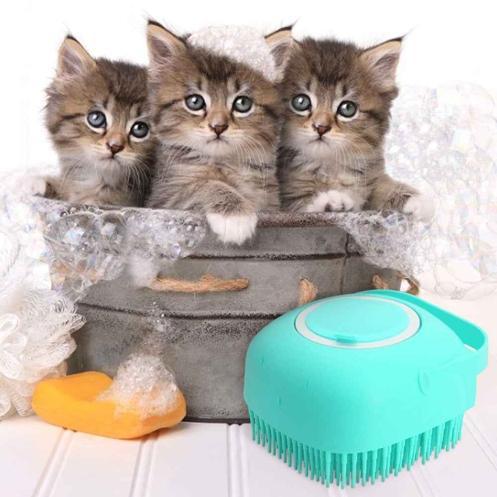Pet Grooming Massager Brush being filled with pet shampoo for optimal grooming. - Whiskerwise