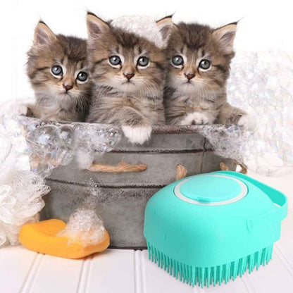 Pet Grooming Massager Brush being filled with pet shampoo for optimal grooming. - Whiskerwise