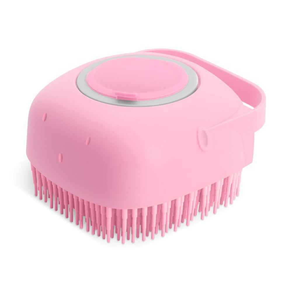 Pet Grooming Massager Brush being filled with pet shampoo for optimal grooming. - Whiskerwise