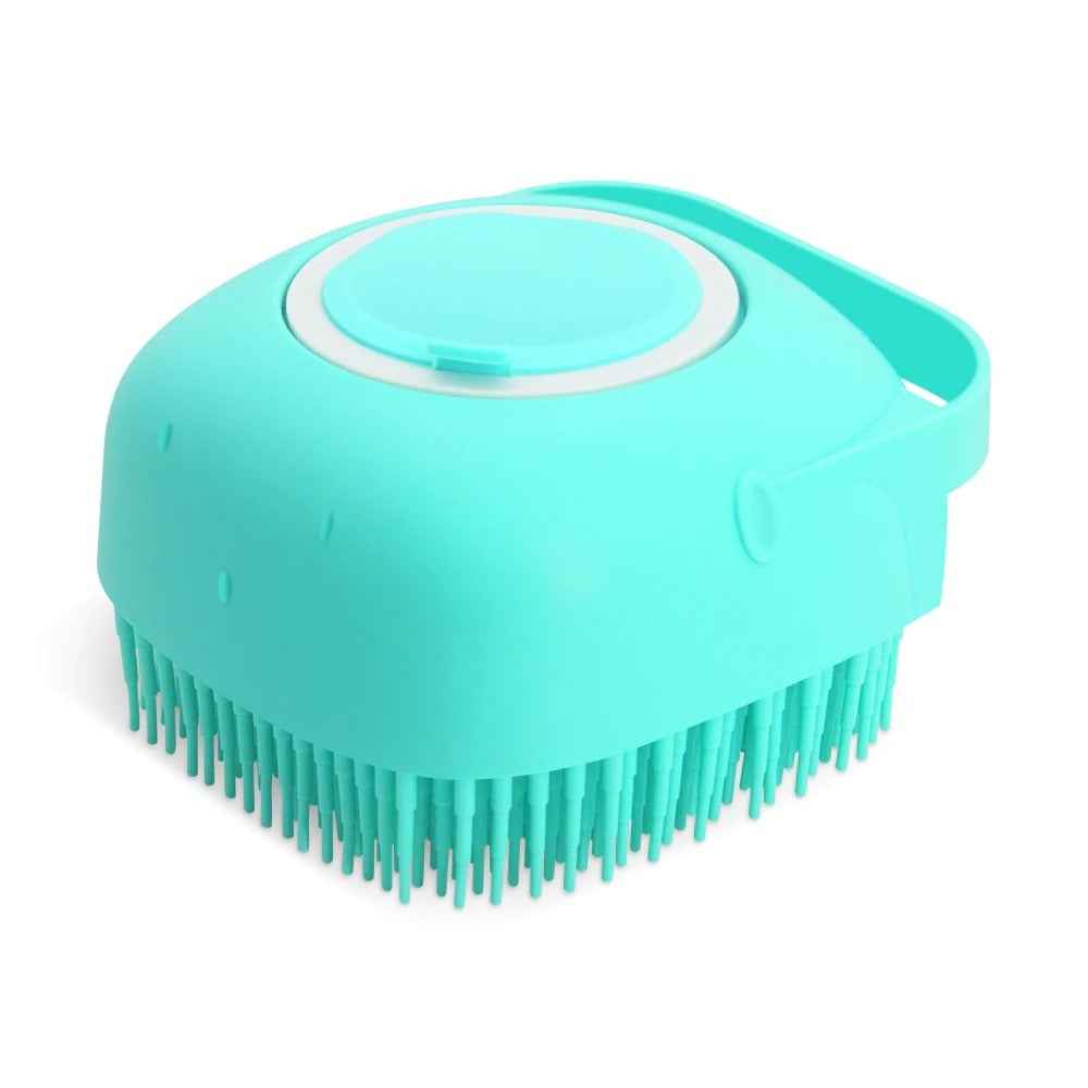 Pet Grooming Massager Brush being filled with pet shampoo for optimal grooming. - Whiskerwise