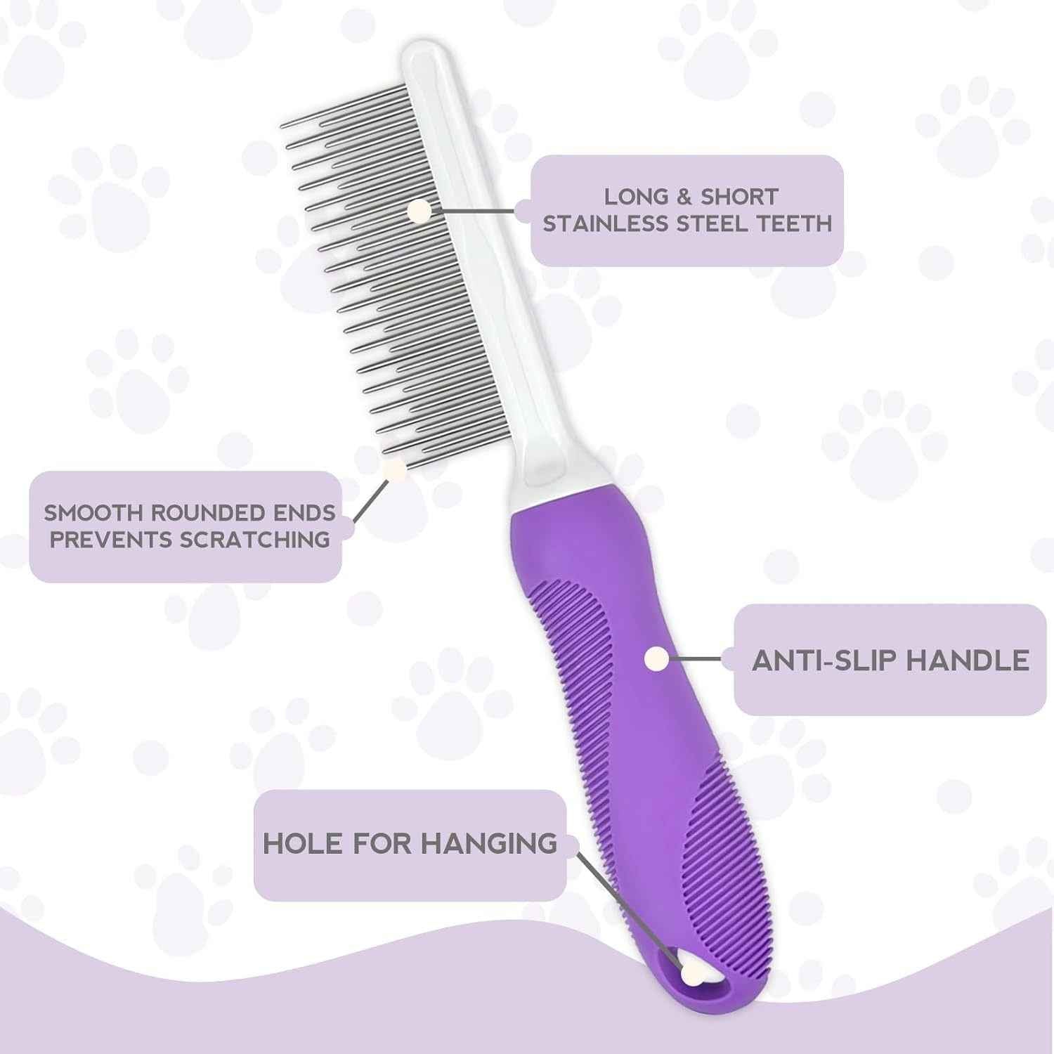 Detangling Pet Comb For Dog  Cat Grooming Comb With Long Short Stainless Steel Teeth Safely Remove Knots Tangles For Healthy Shiny Coat Gentle Effective Detangling Tool For Pet Hair - Whiskerwise