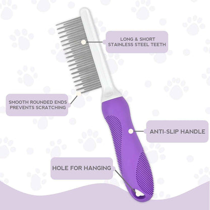 Detangling Pet Comb For Dog  Cat Grooming Comb With Long Short Stainless Steel Teeth Safely Remove Knots Tangles For Healthy Shiny Coat Gentle Effective Detangling Tool For Pet Hair - Whiskerwise
