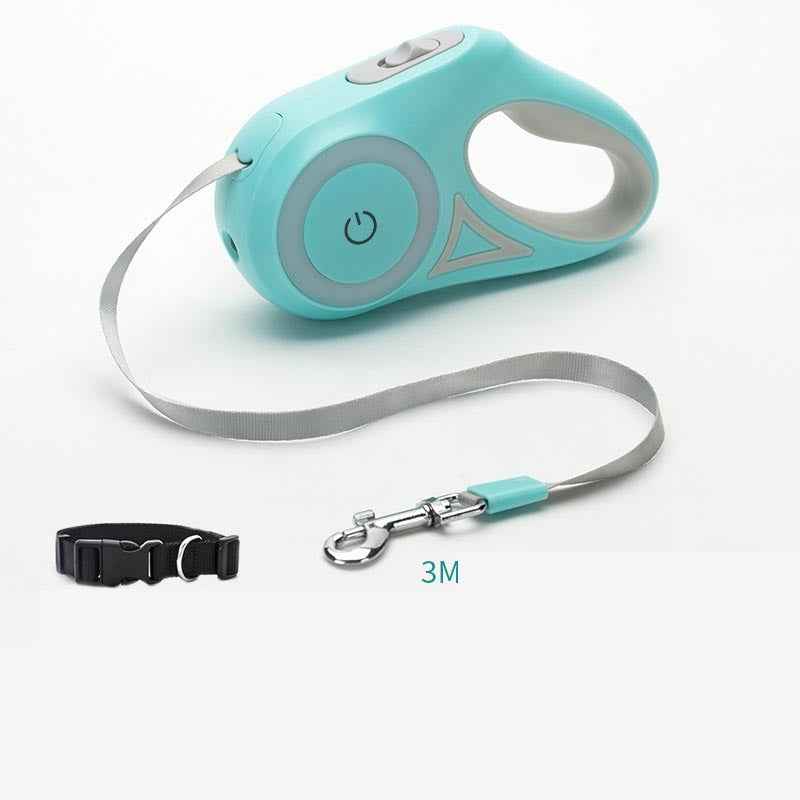 Retractable Dog Leash With Collar in hand, featuring LED spotlight and automatic traction rope for pet safety. - Whiskerwise