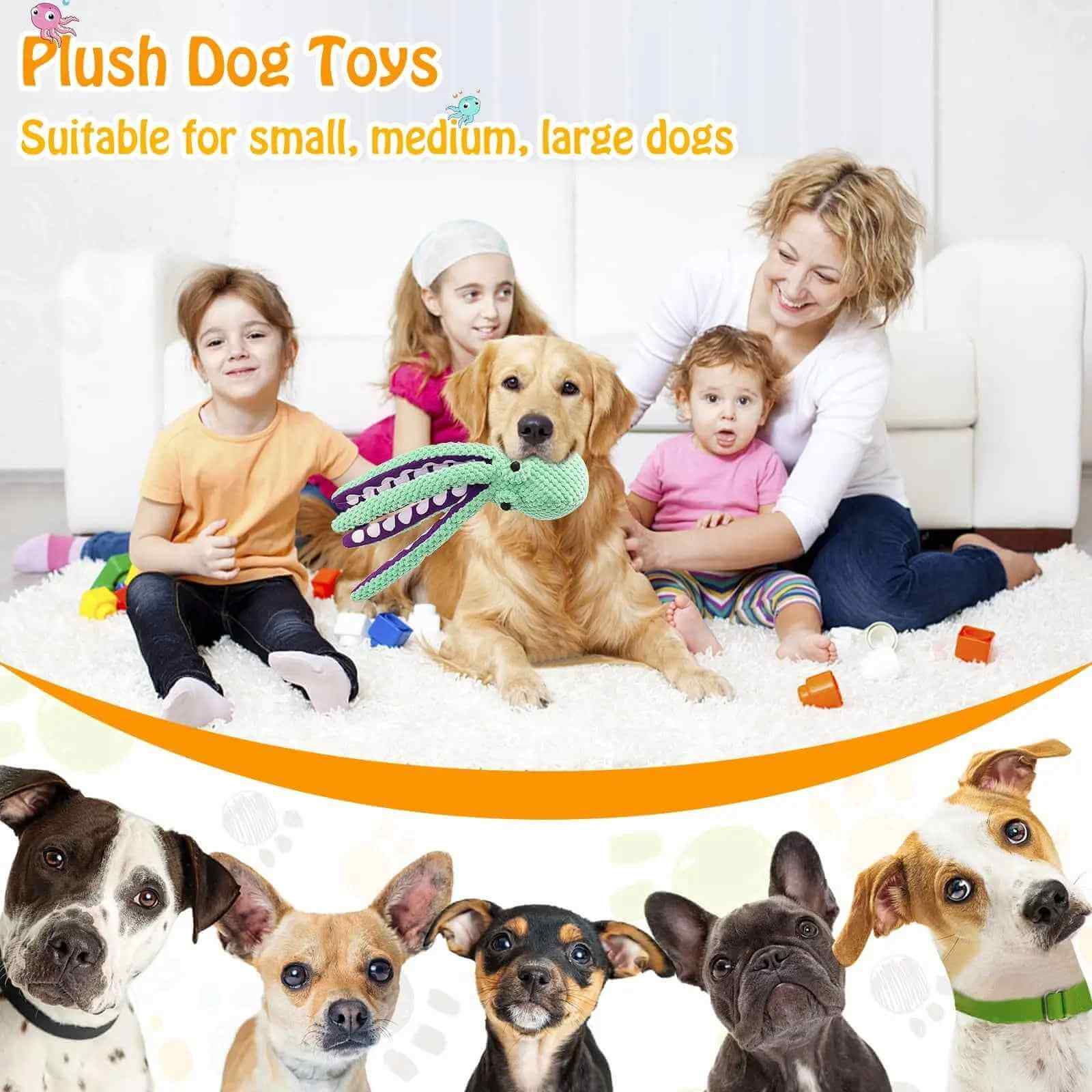 Interactive Pet Plush Toy – Bite-Resistant Octopus being enjoyed by kids and a dog.