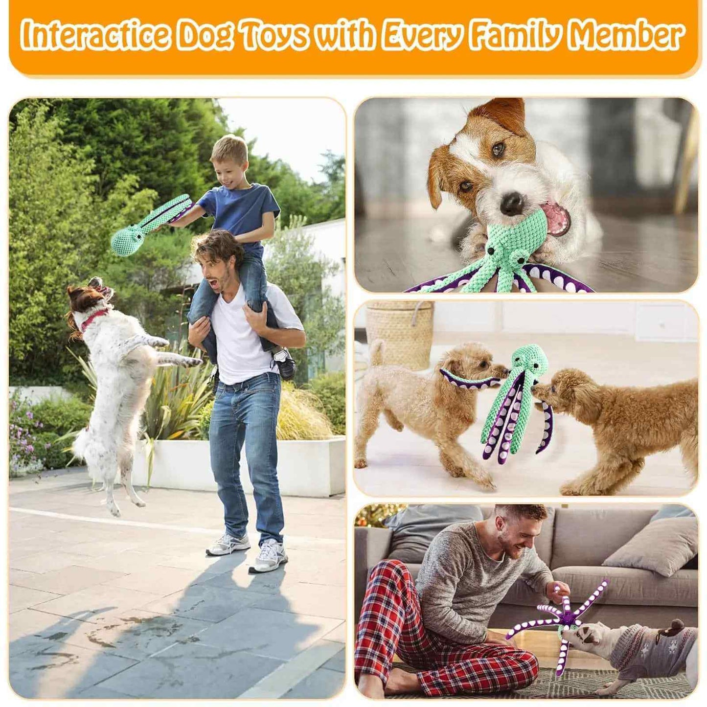 Interactive Pet Plush Toy – Bite-Resistant Octopus being enjoyed by family and pets in various playful moments.