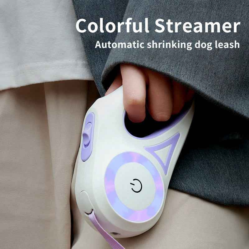 Retractable Dog Leash With Collar in hand, featuring LED spotlight and automatic traction rope for pet safety. - Whiskerwise