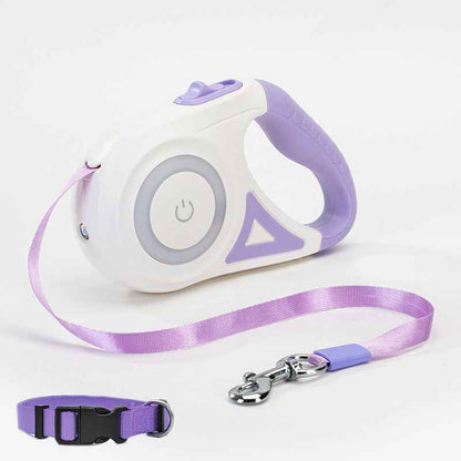 Retractable Dog Leash With Collar in hand, featuring LED spotlight and automatic traction rope for pet safety. - Whiskerwise