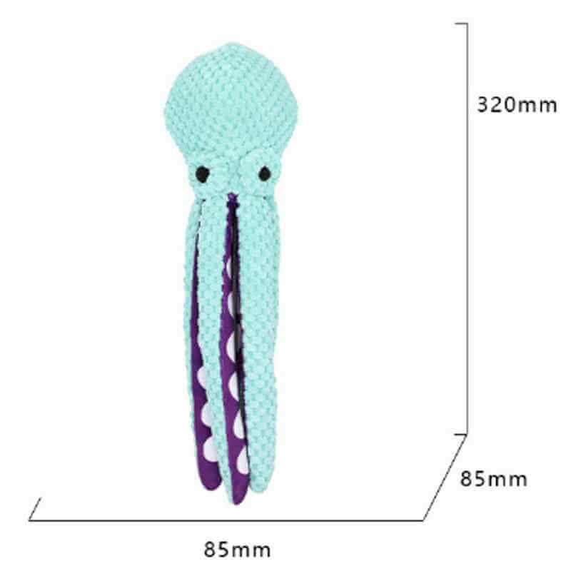 Interactive Pet Plush Toy – Bite-Resistant Octopus in soft blue and purple design with measurement details.