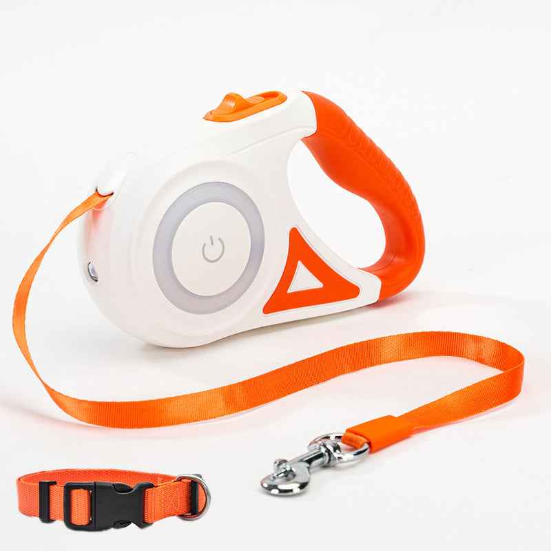 Retractable Dog Leash With Collar in hand, featuring LED spotlight and automatic traction rope for pet safety. - Whiskerwise